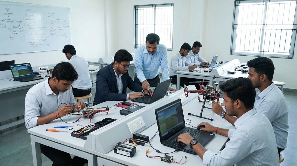 Drone assembly and testing zone with student projects